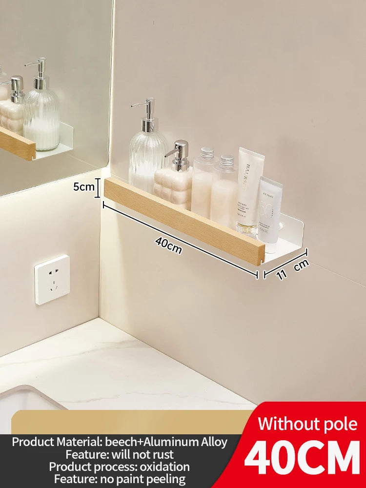Wood & Aluminum Wall-Mounted Bathroom Shelf