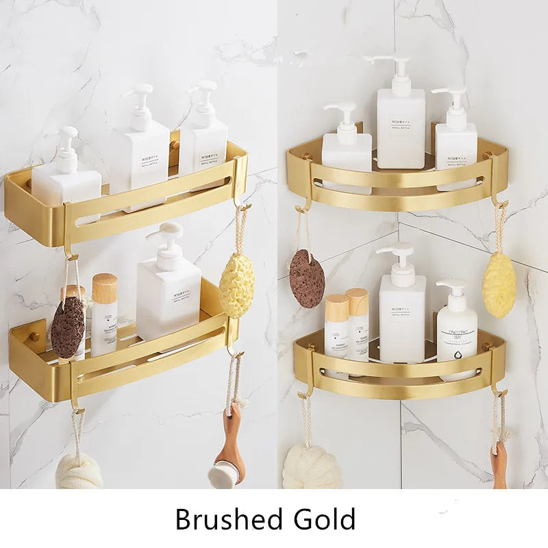 Brushed Gold Wall-Mounted Bathroom Shelf