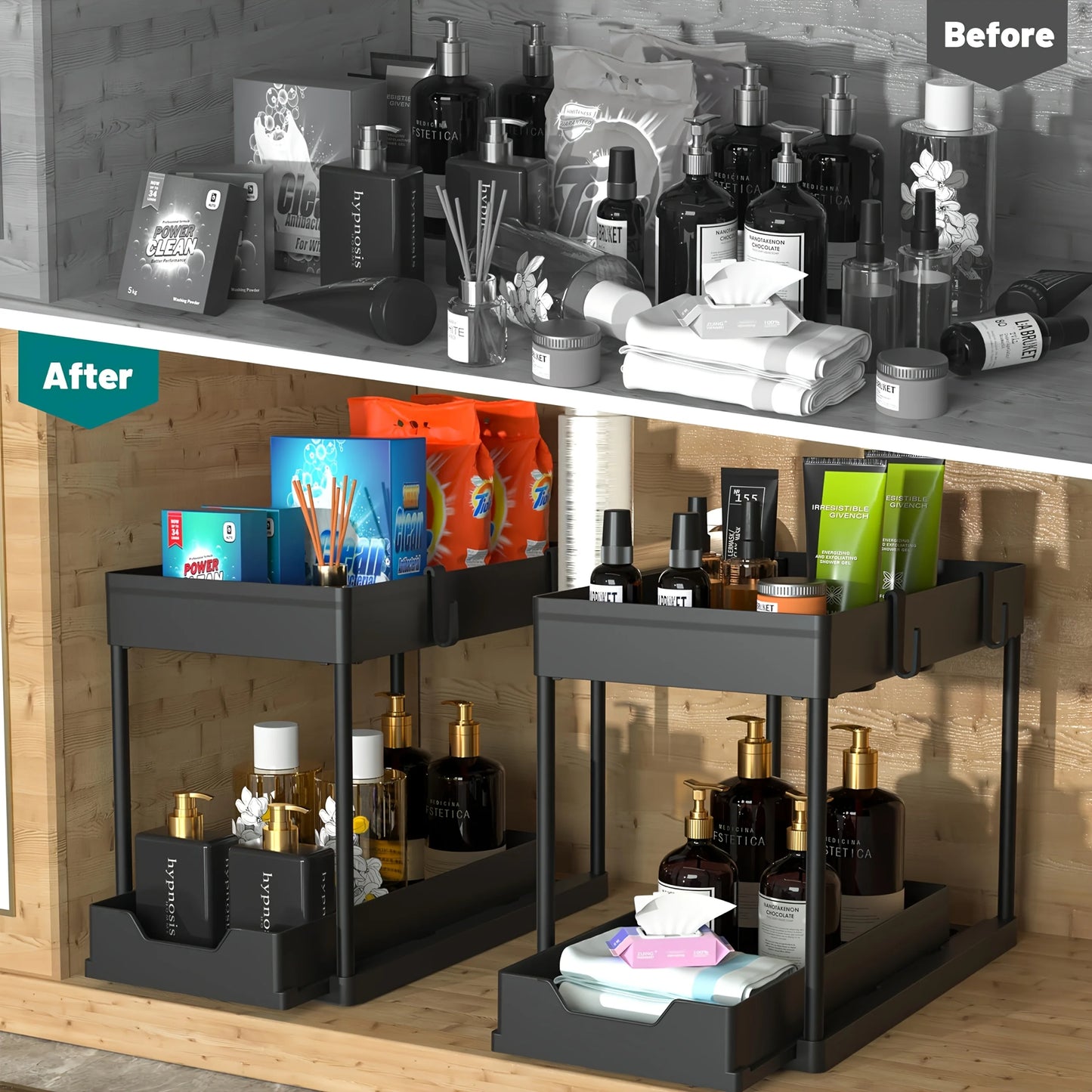 2-Tier Pull-Out Under-Sink Organizer with Side Hooks