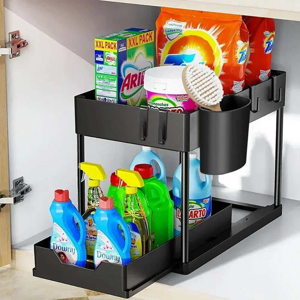 2-Tier Pull-Out Under-Sink Organizer with Side Hooks