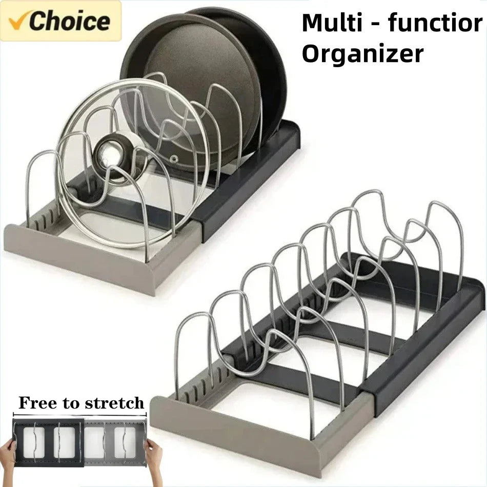Expandable seven-slot organizer for pots pans and lids