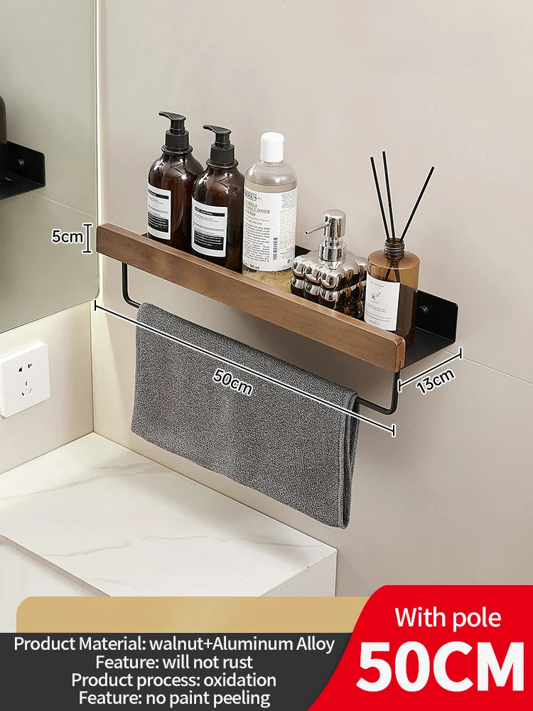 Wood & Aluminum Wall-Mounted Bathroom Shelf