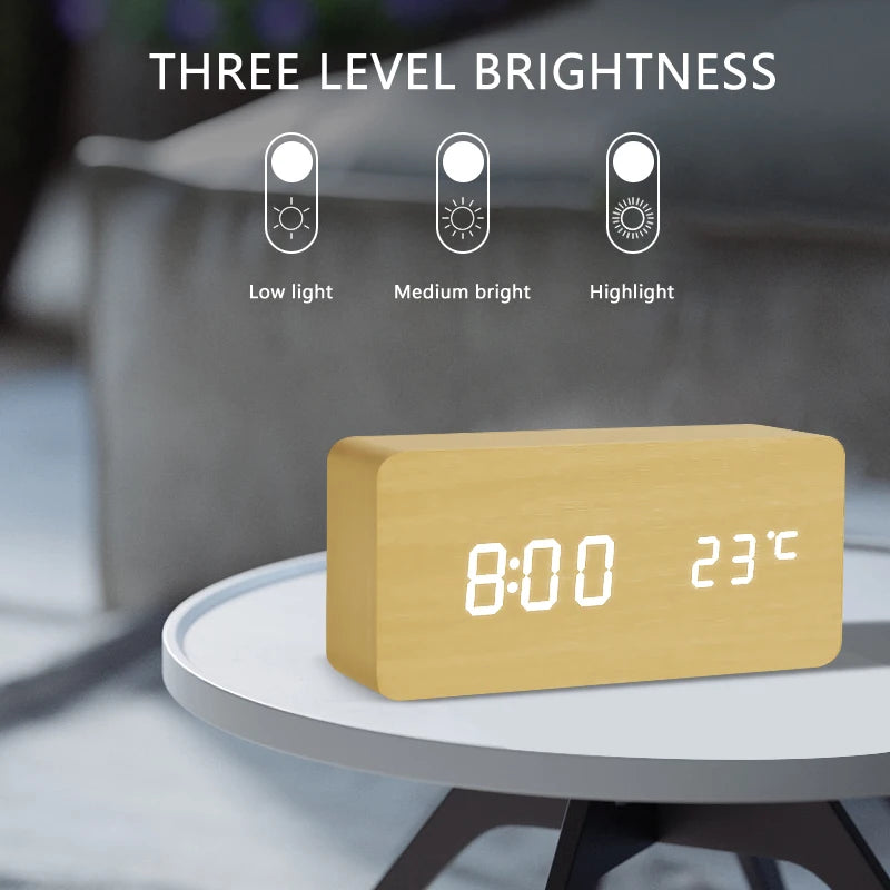 Wood-Look Voice-Control LED Alarm Clock