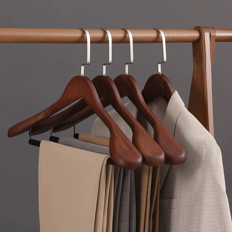 Wide-shoulder wooden suit hangers with swivel hooks