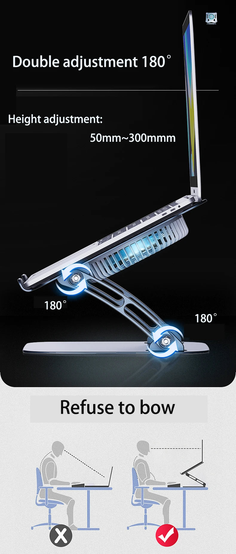 Adjustable Aluminum Laptop Stand with Cooling Fan