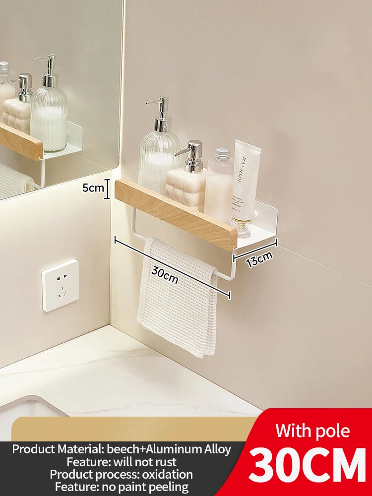 Wood & Aluminum Wall-Mounted Bathroom Shelf