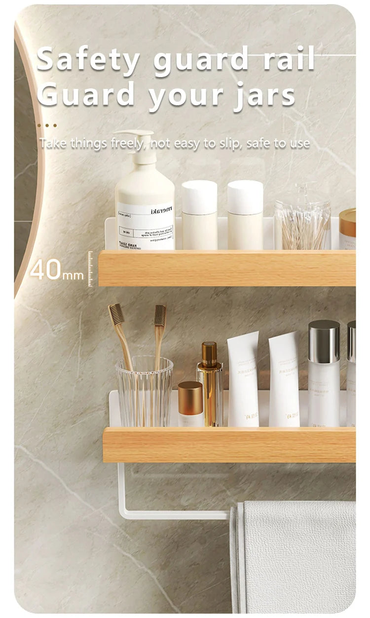 Wood & Aluminum Wall-Mounted Bathroom Shelf