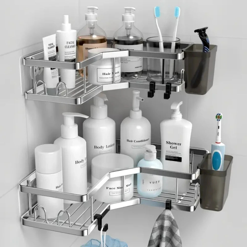 Dual-tier stainless steel corner bathroom shelf