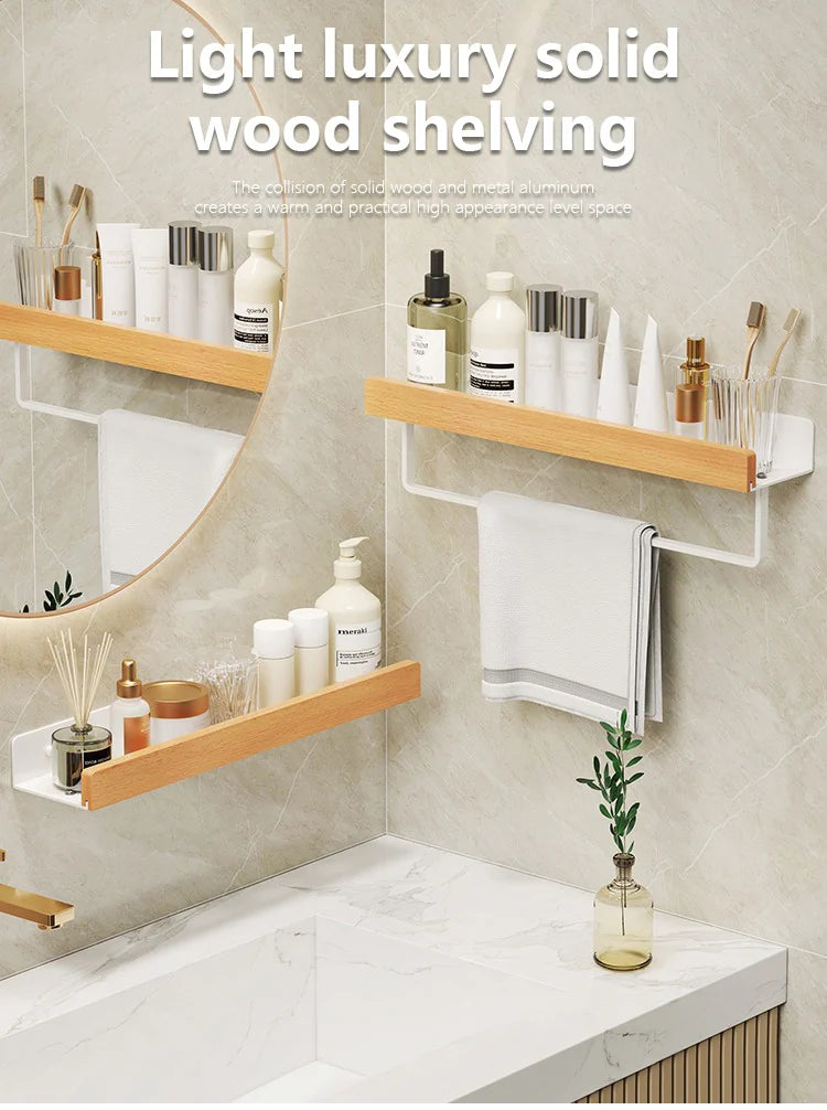 Wood & Aluminum Wall-Mounted Bathroom Shelf