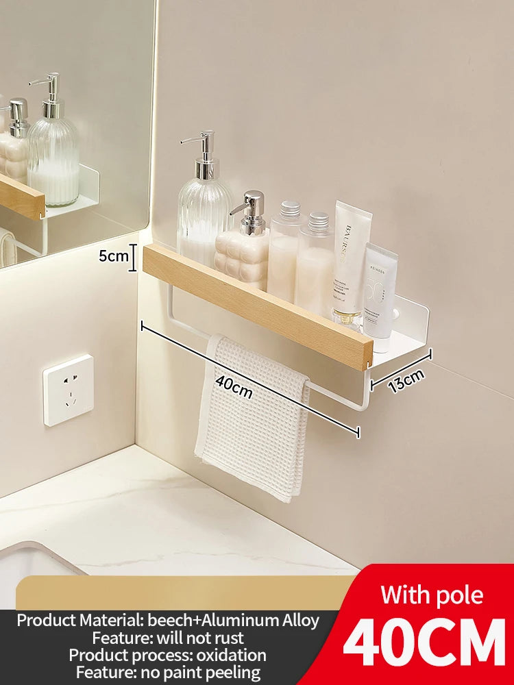 Wood & Aluminum Wall-Mounted Bathroom Shelf