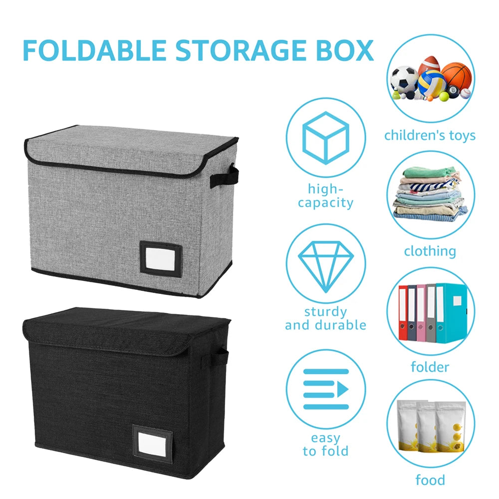 Foldable storage bin with handles and label slot