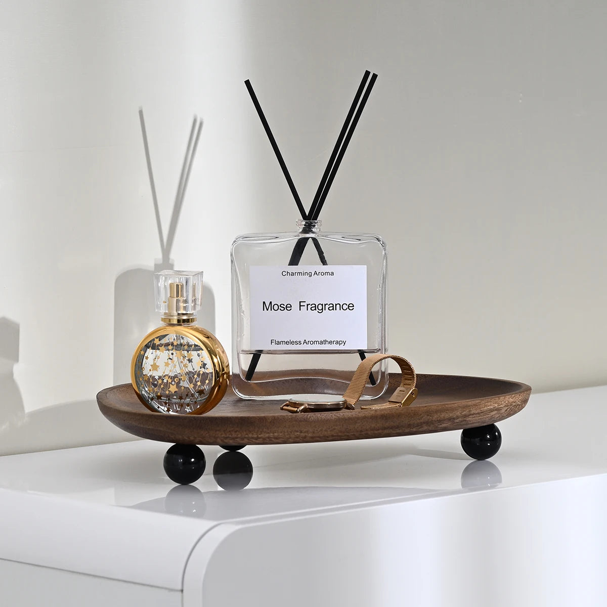 Organic-shaped wooden display tray for tabletop organization