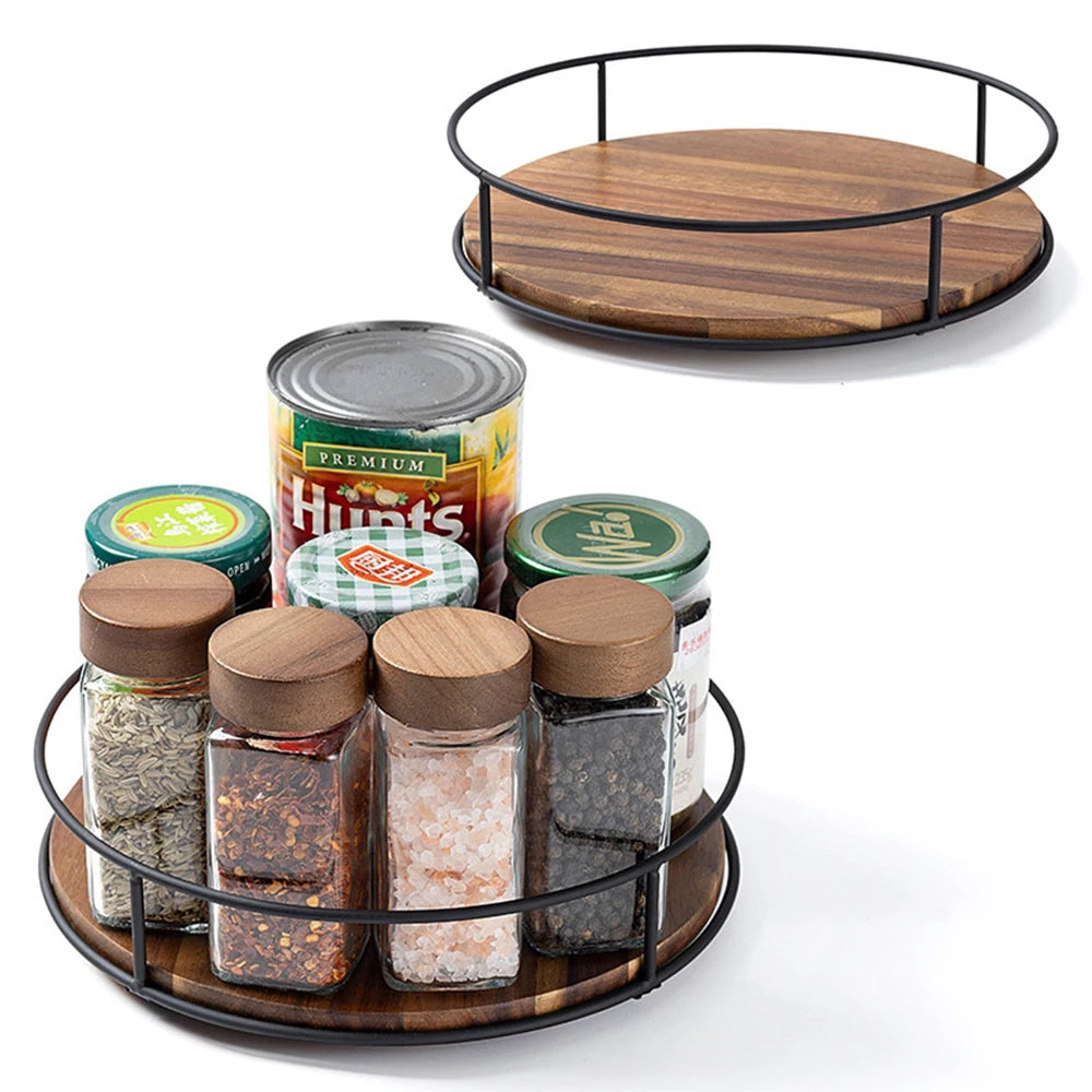 Acacia wood lazy Susan turntable with metal frame