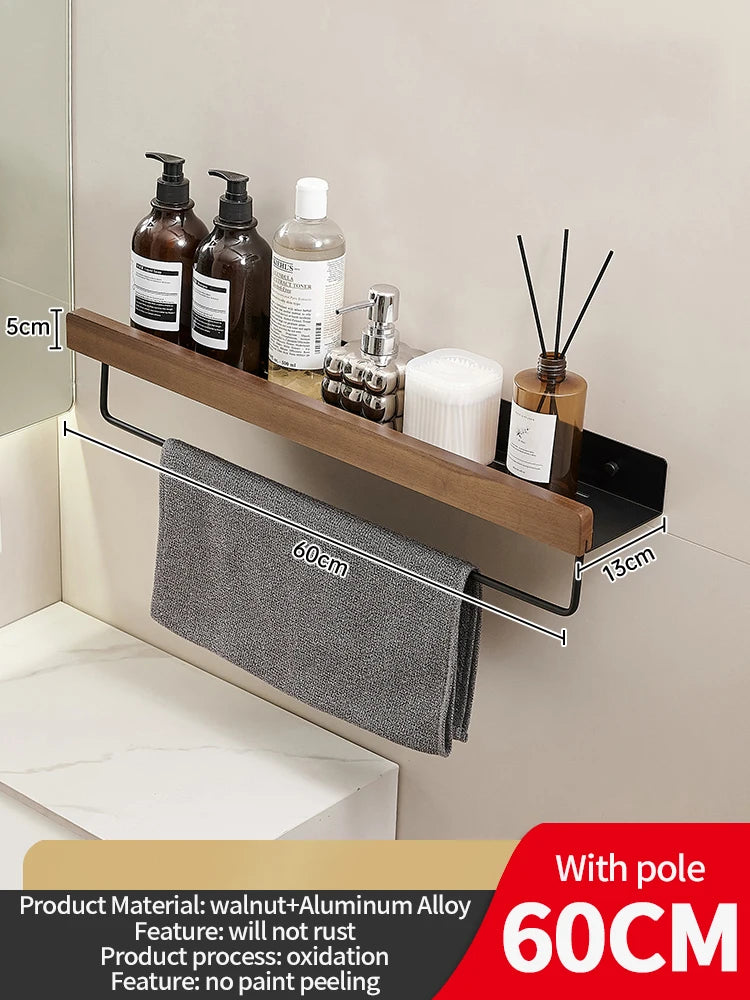 Wood & Aluminum Wall-Mounted Bathroom Shelf