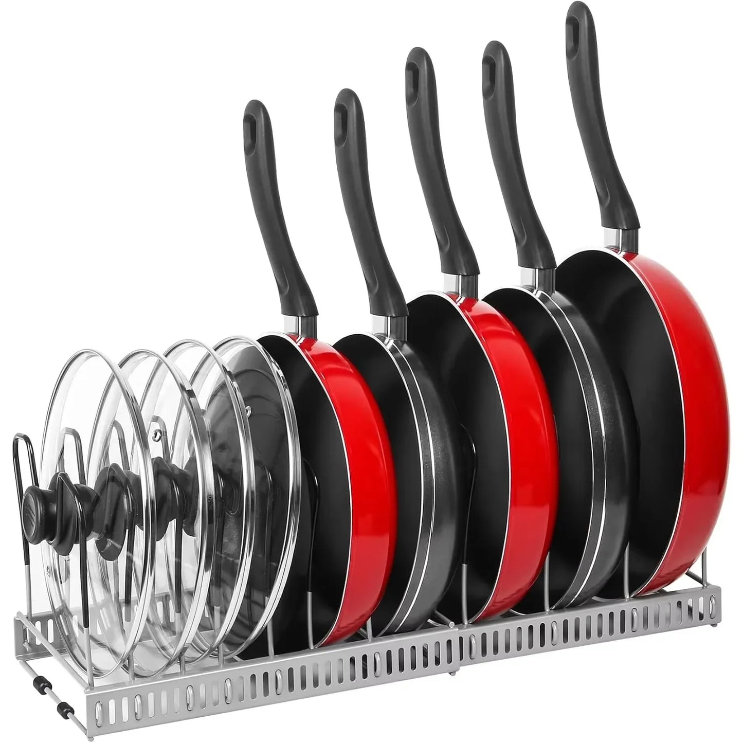 Expandable pot and pan organizer rack with adjustable dividers