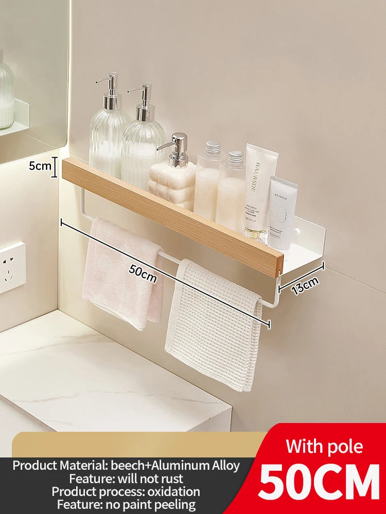 Wood & Aluminum Wall-Mounted Bathroom Shelf