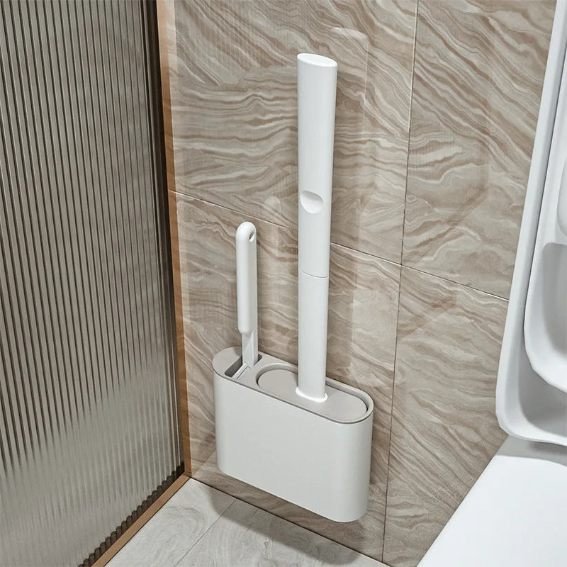 Flat-head silicone toilet brush with wall-mounted holder