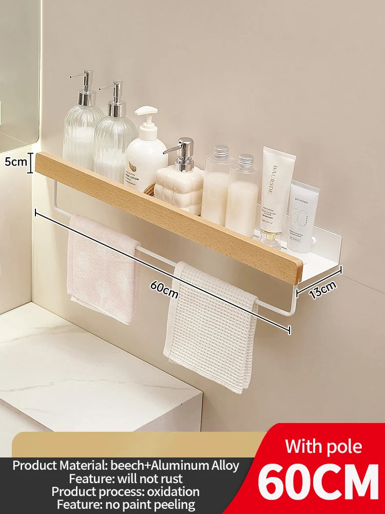 Wood & Aluminum Wall-Mounted Bathroom Shelf