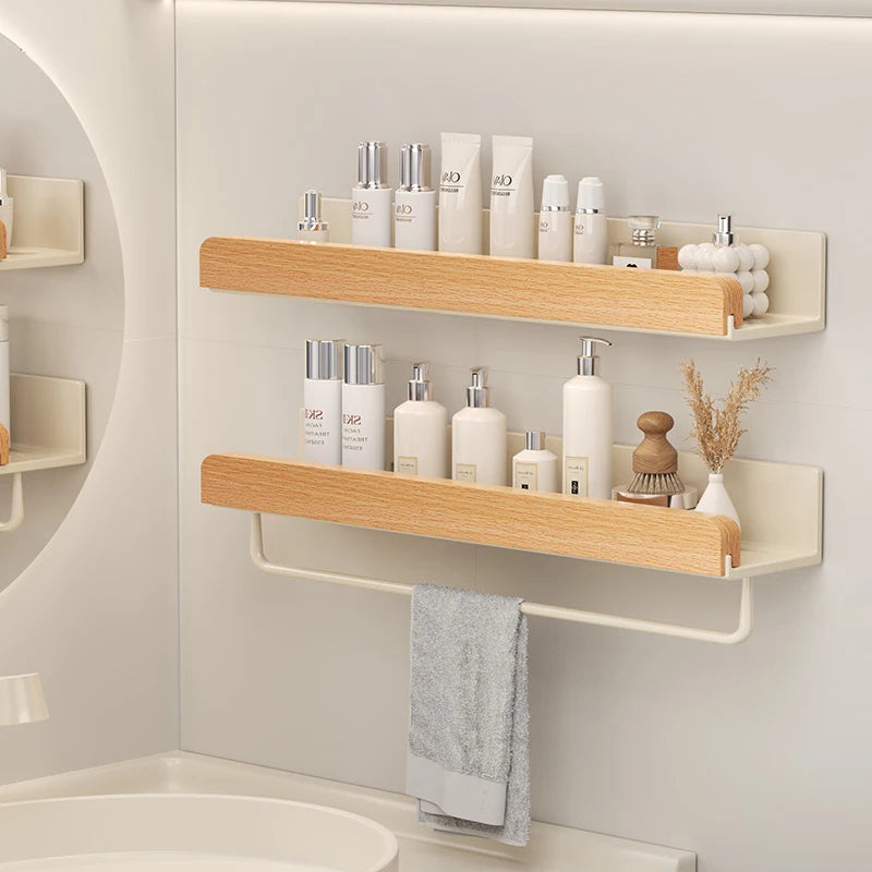 Wood and aluminum wall-mounted bathroom shelf