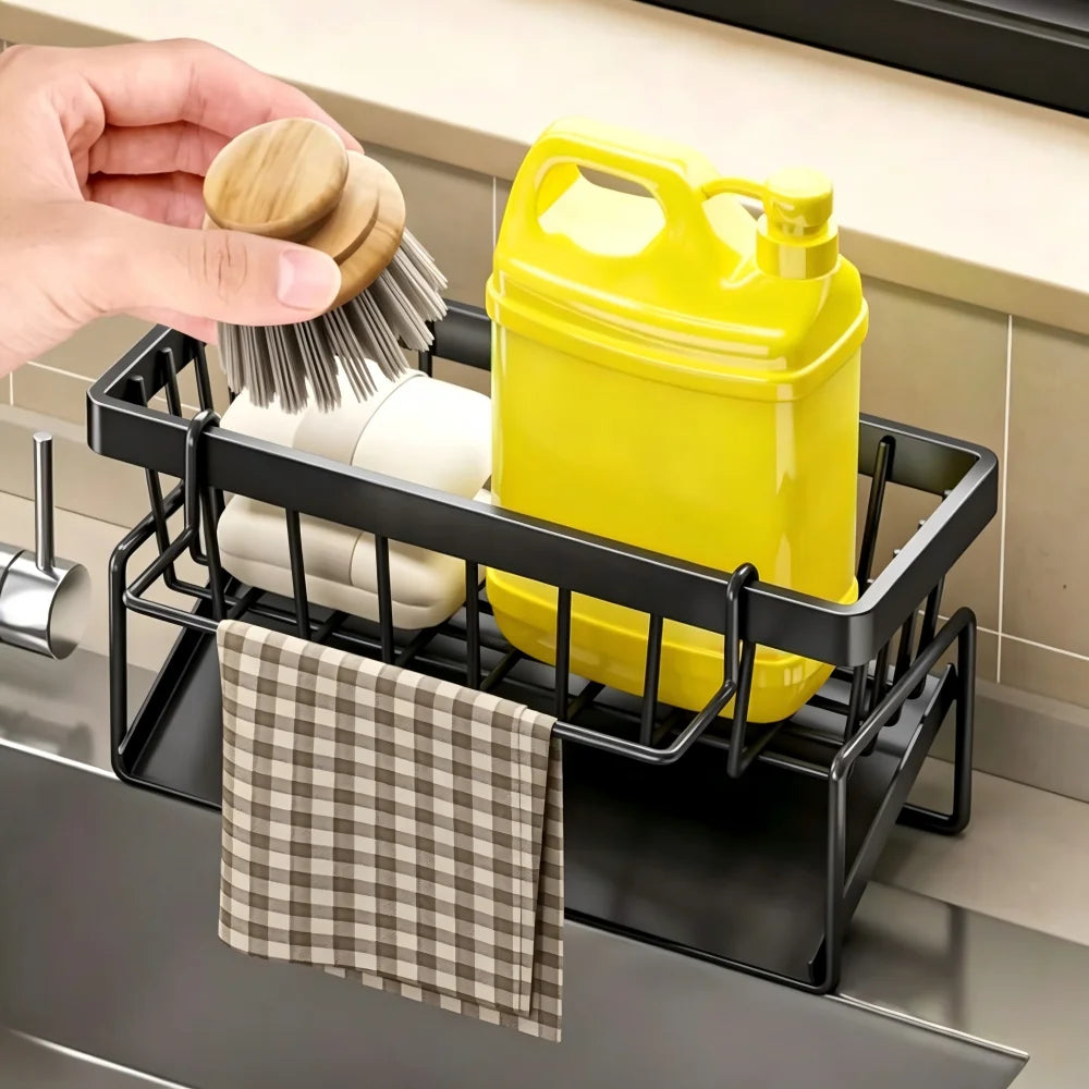 Black tap-mounted sink organizer shelf with drainage openings
