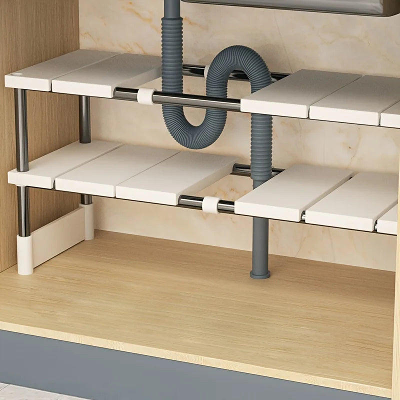 Expandable under-sink storage rack in single-tier and double-tier configurations