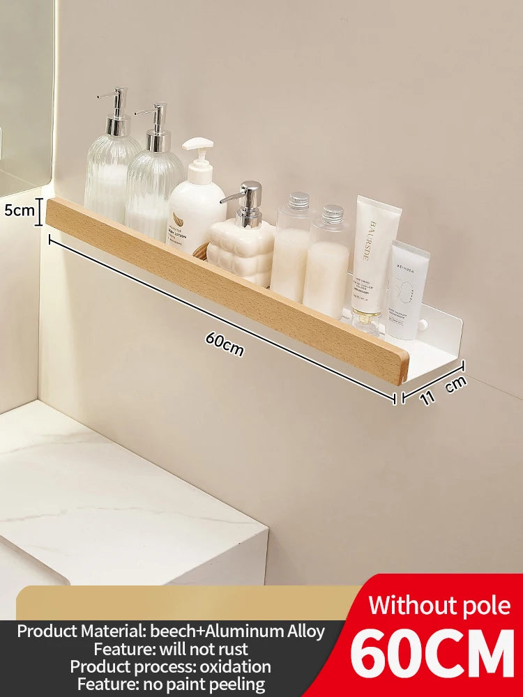 Wood & Aluminum Wall-Mounted Bathroom Shelf