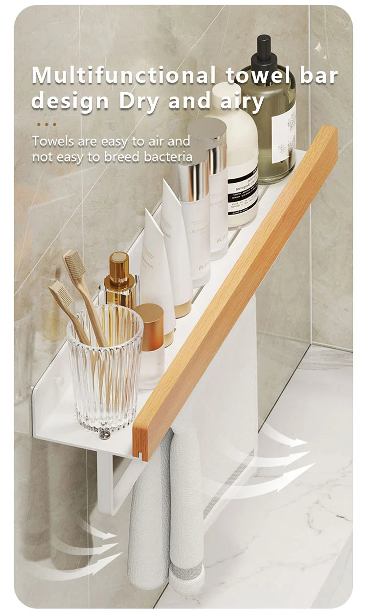 Wood & Aluminum Wall-Mounted Bathroom Shelf
