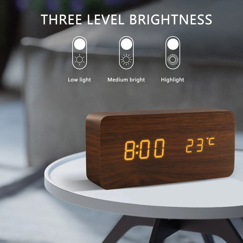 Wood-Look Voice-Control LED Alarm Clock