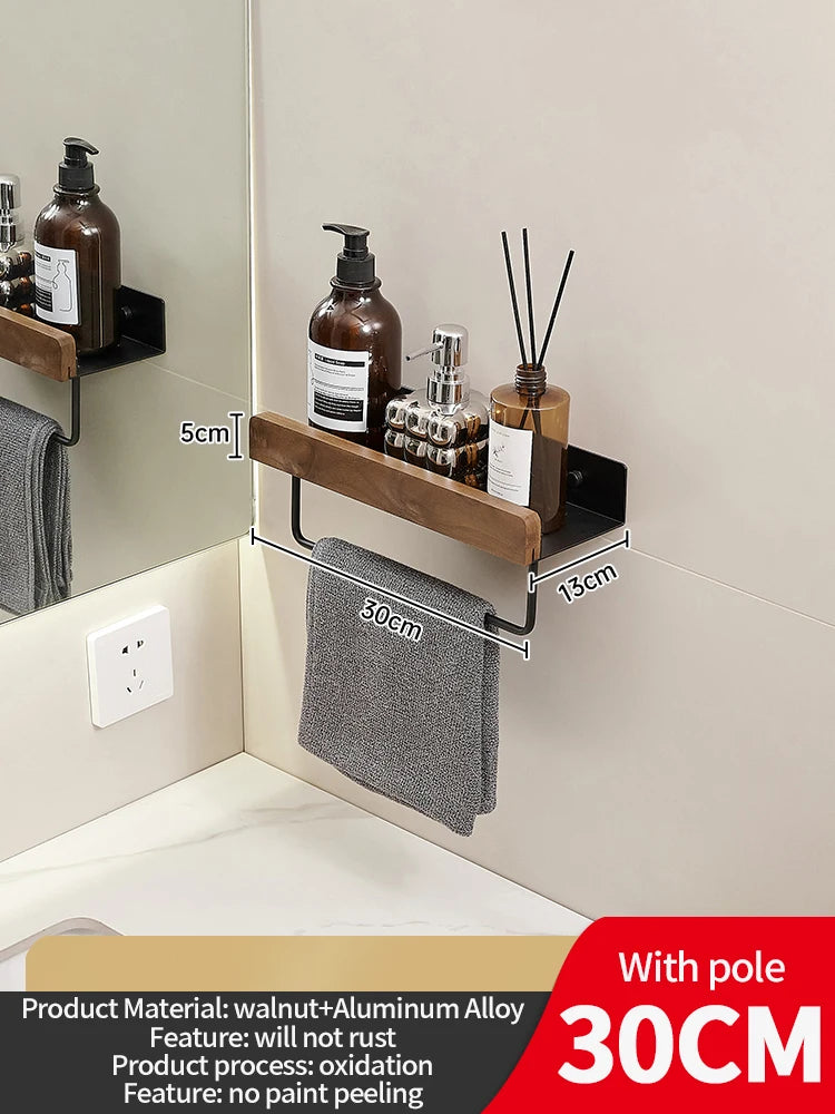 Wood & Aluminum Wall-Mounted Bathroom Shelf