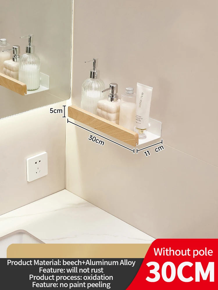Wood & Aluminum Wall-Mounted Bathroom Shelf