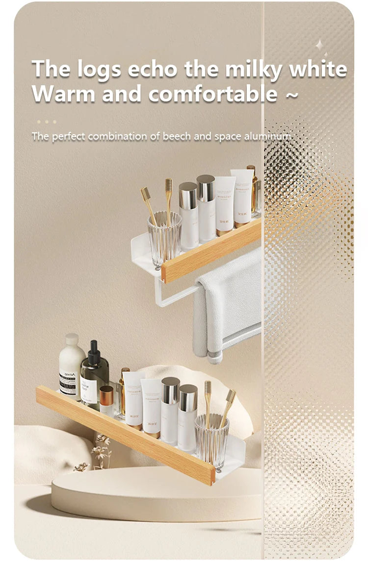Wood & Aluminum Wall-Mounted Bathroom Shelf