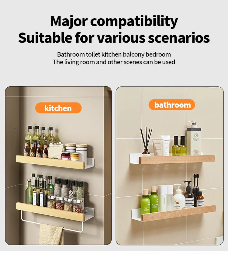 Wood & Aluminum Wall-Mounted Bathroom Shelf