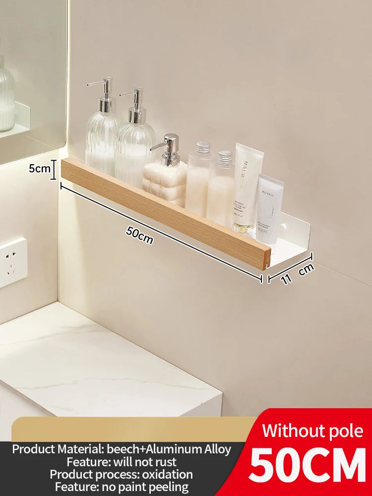Wood & Aluminum Wall-Mounted Bathroom Shelf