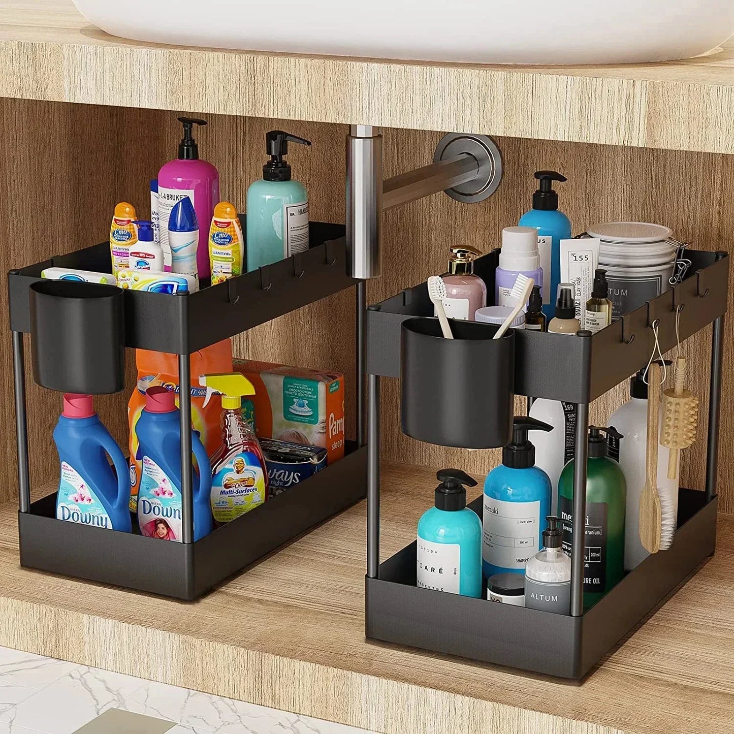 2-Tier Pull-Out Under-Sink Organizer with Side Hooks