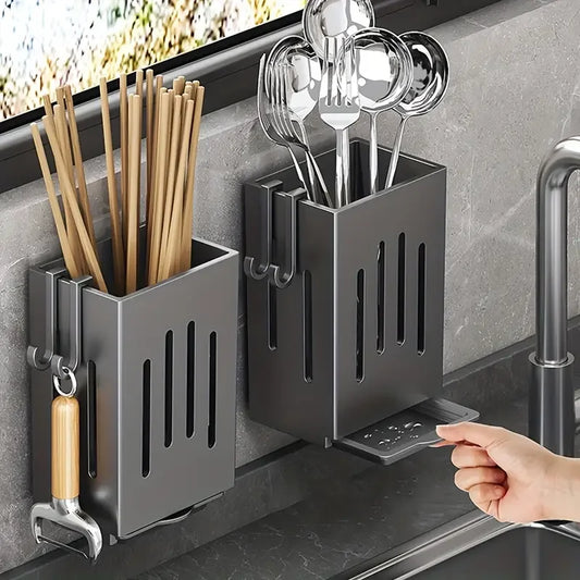 Wall-mounted utensil and chopstick holder with drainage tray