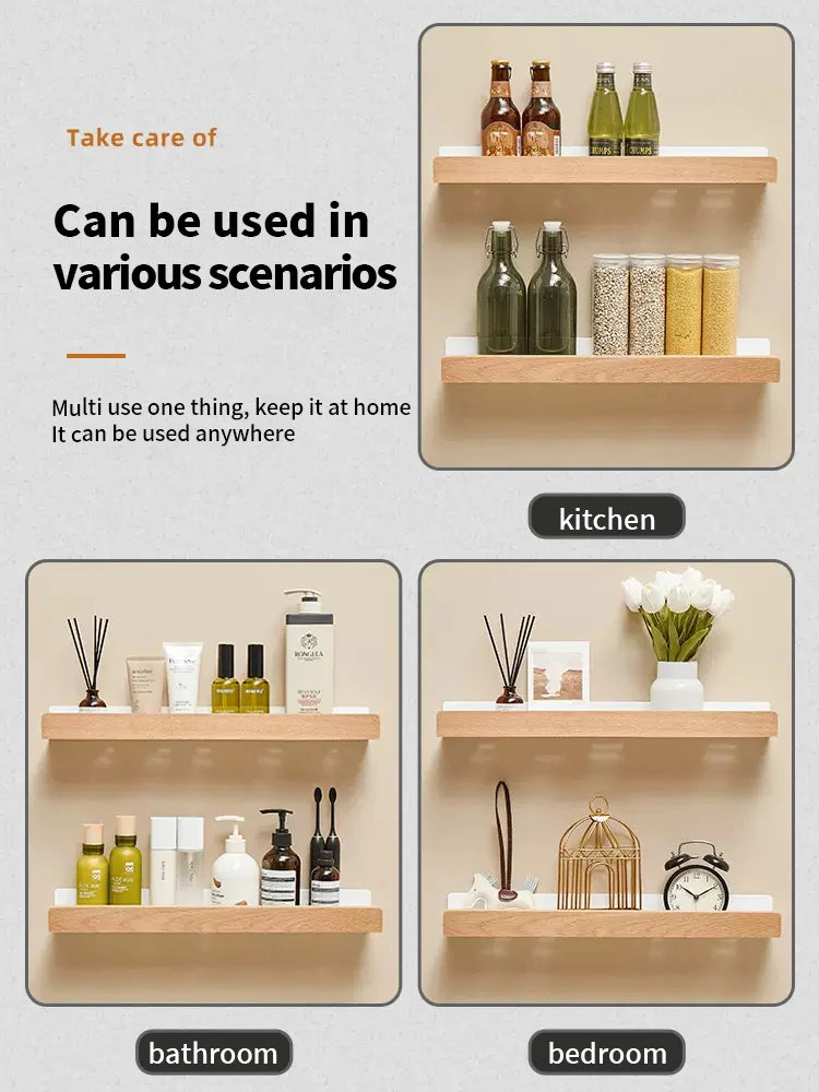Wood & Aluminum Wall-Mounted Bathroom Shelf