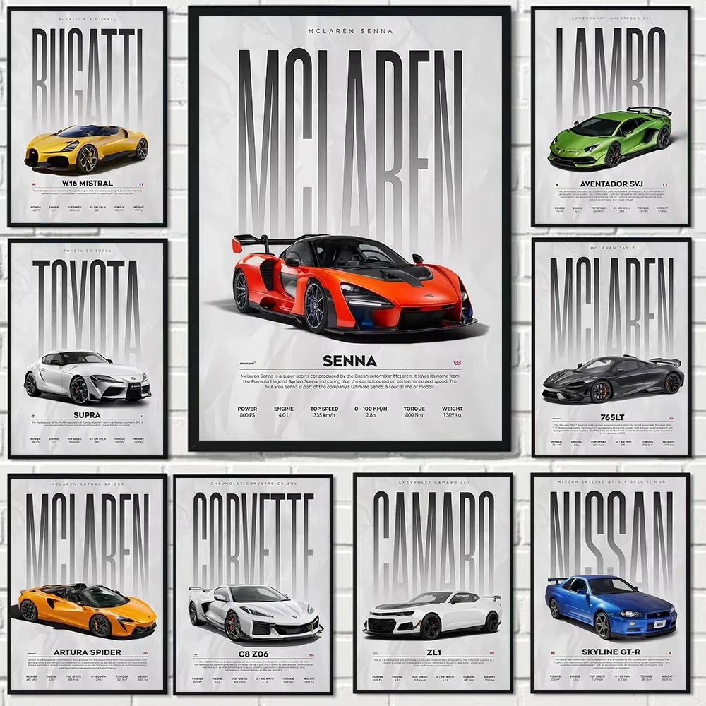 Luxury sports car canvas wall art print in a modern interior