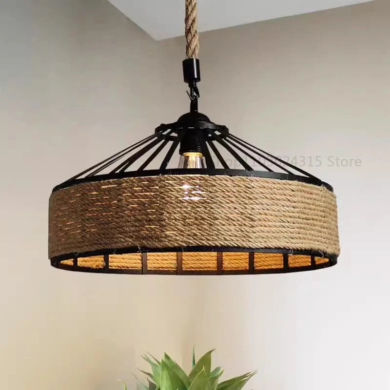 Hemp rope pendant light with metal frame