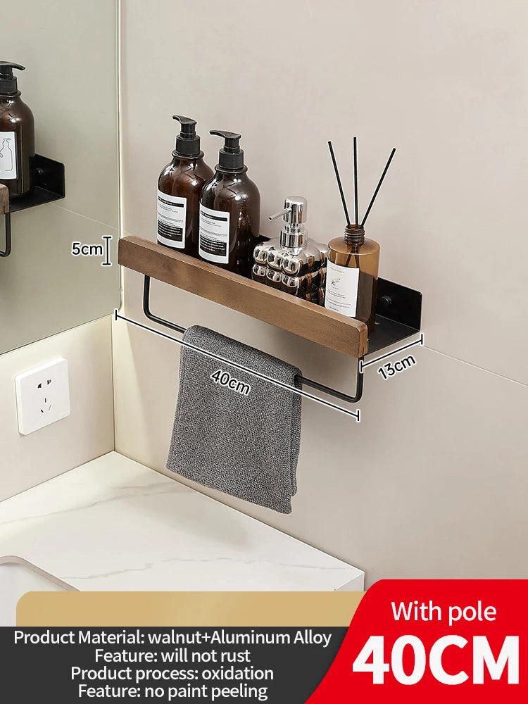 Wood & Aluminum Wall-Mounted Bathroom Shelf