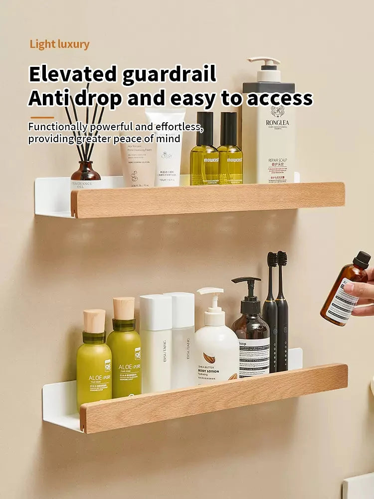 Wood & Aluminum Wall-Mounted Bathroom Shelf