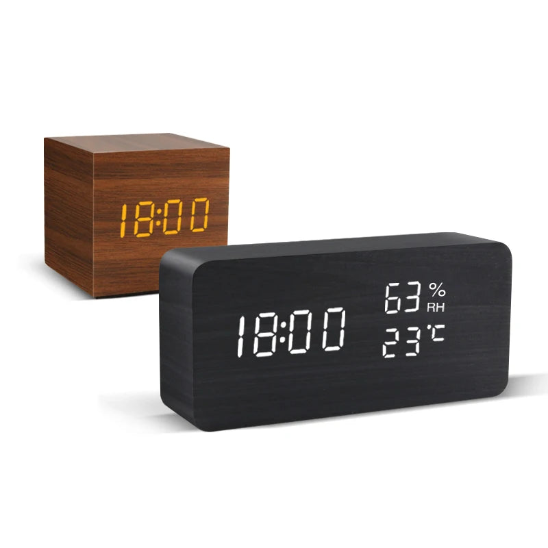 Wood-look voice-control LED alarm clock