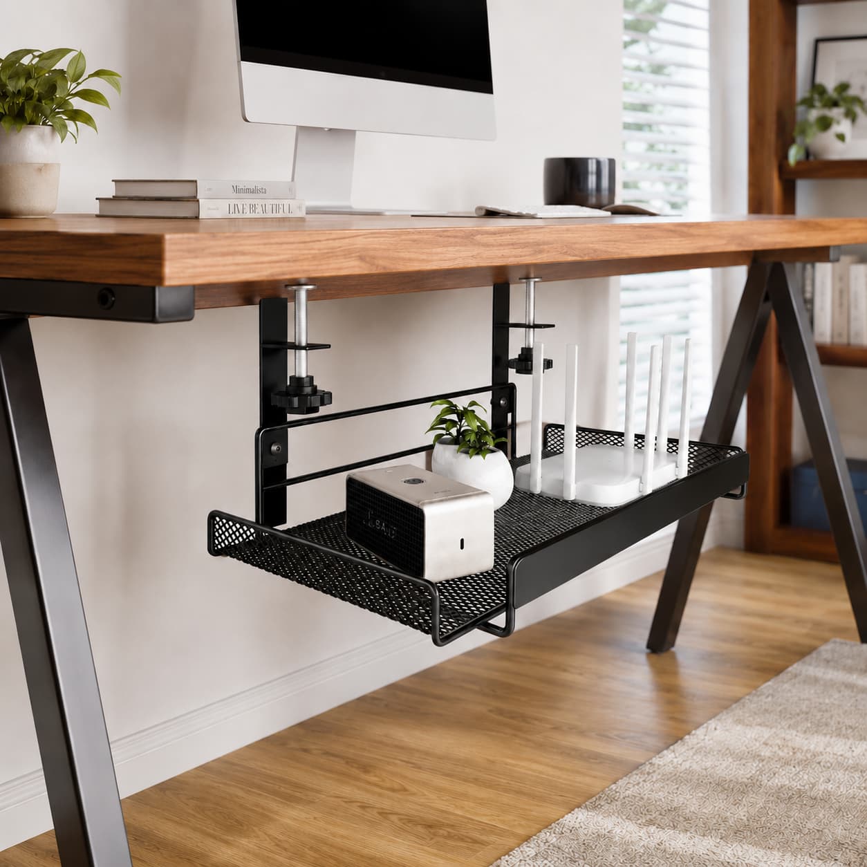 Clamp-On Under-Desk Storage Shelf